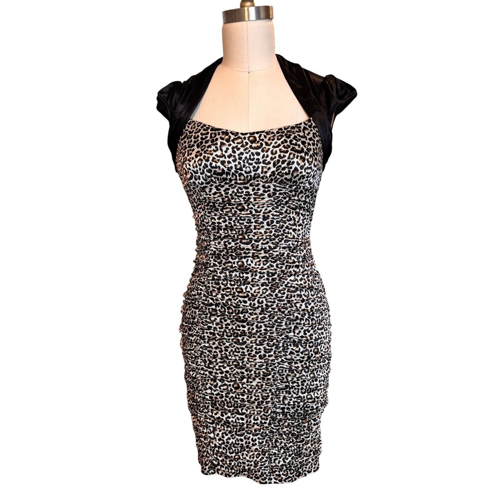 Y2K Paris Hilton Ruby Rox Bodycon Dress Leopard Excellent Shrug Attached Ruched